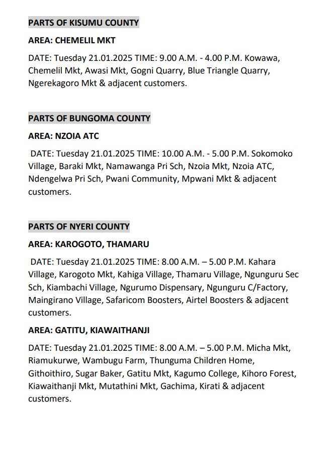 Kenya Power Lists Areas That Will Experience Blackout Today