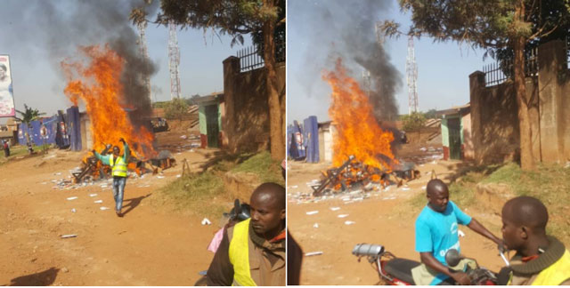 Property owned by the Boda boda group has been set ablaze by fellow Boda Boda riders in Bukessa. PHOTO