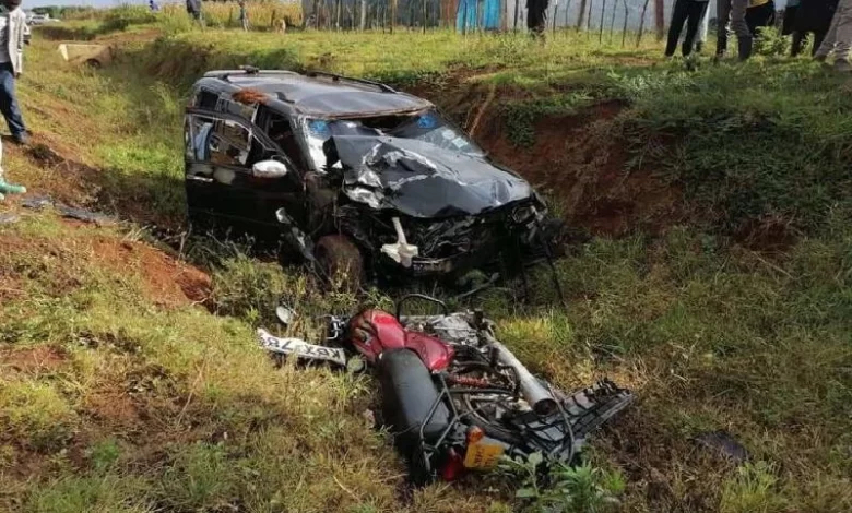 Wreckages of a Toyota Probox and one of the motorbikes that collided head-on killing three people in Eldoret on October 17, 2020.