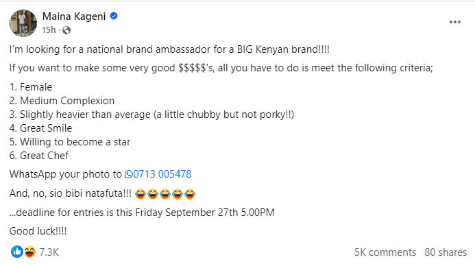 Maina Kageni looking for a female brand ambassador