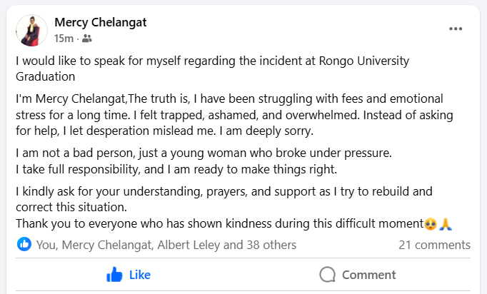 Mercy Chelang’at: Rongo University ‘Fake Graduate’ Breaks Silence, Apologises After Graduation Day Drama