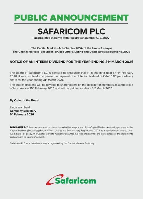 Safaricom Declares Sh0.85 Interim Dividend for FY2025/26